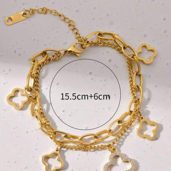 Clover Flower, 5 Quatrefoil Motif Bracelet - Gold Color - Picture 5 of 5